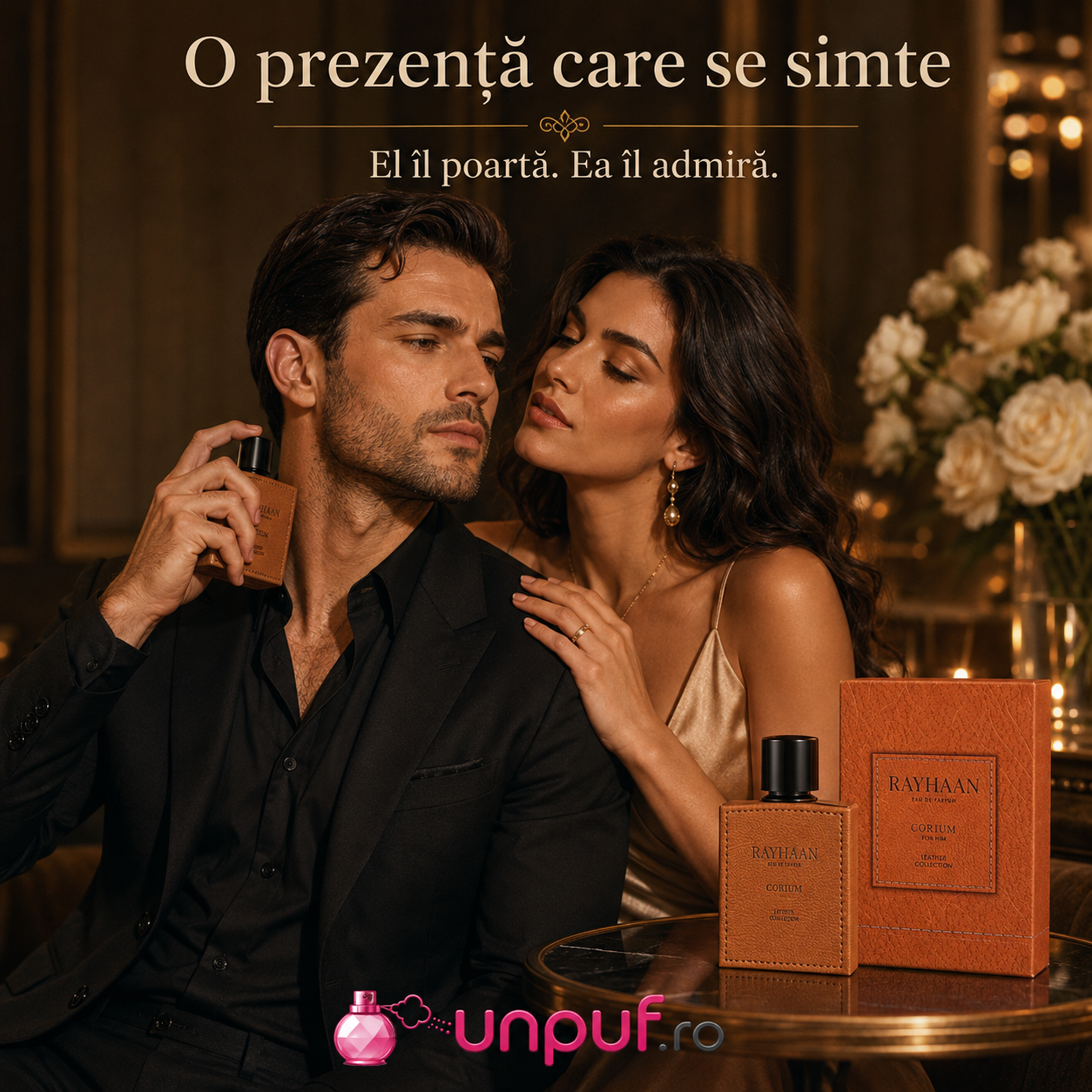 Prezentare parfum Arăbesc Rayhaan Corium 100 ml, flacon cu finisaj leather, design premium, note cheie și detalii pentru bărbați